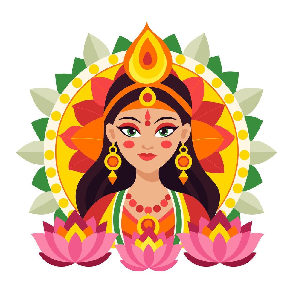 A woman with a flower crown on her head. She is wearing a red and yellow outfit. The flowers are pink and yellow vector