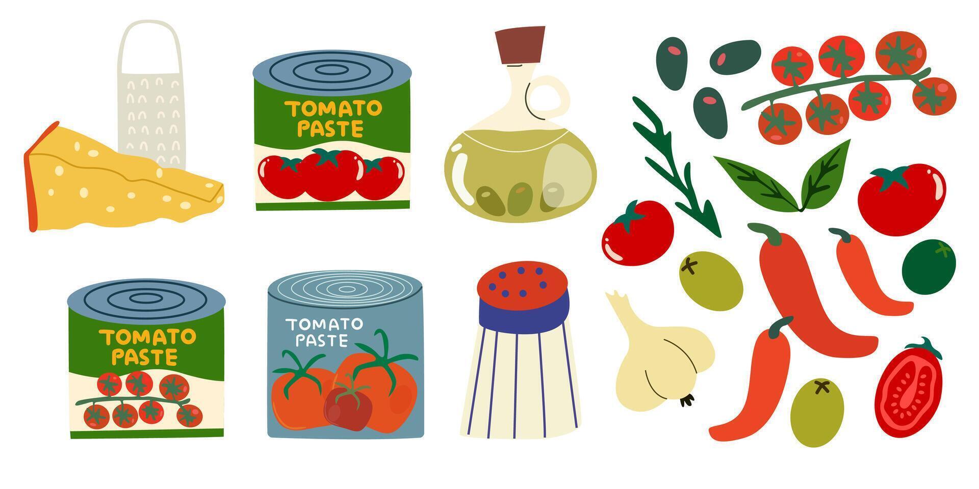 Tomato pasta for pizza and spaghetti, a set of ingredients parmesan cheese, basil, arugula, tomatoes, salami, chili, olives, rosemary, olive oil, garlic. Products for cooking pizza and pasta vector