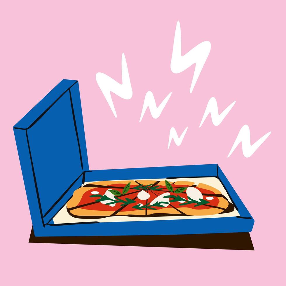 Italian cuisine, ingredients, slice of pizza, pizza box. Pizza delivery. Pizza with arugula, tomatoes and mozzarella. Retro poster on a pink background vector