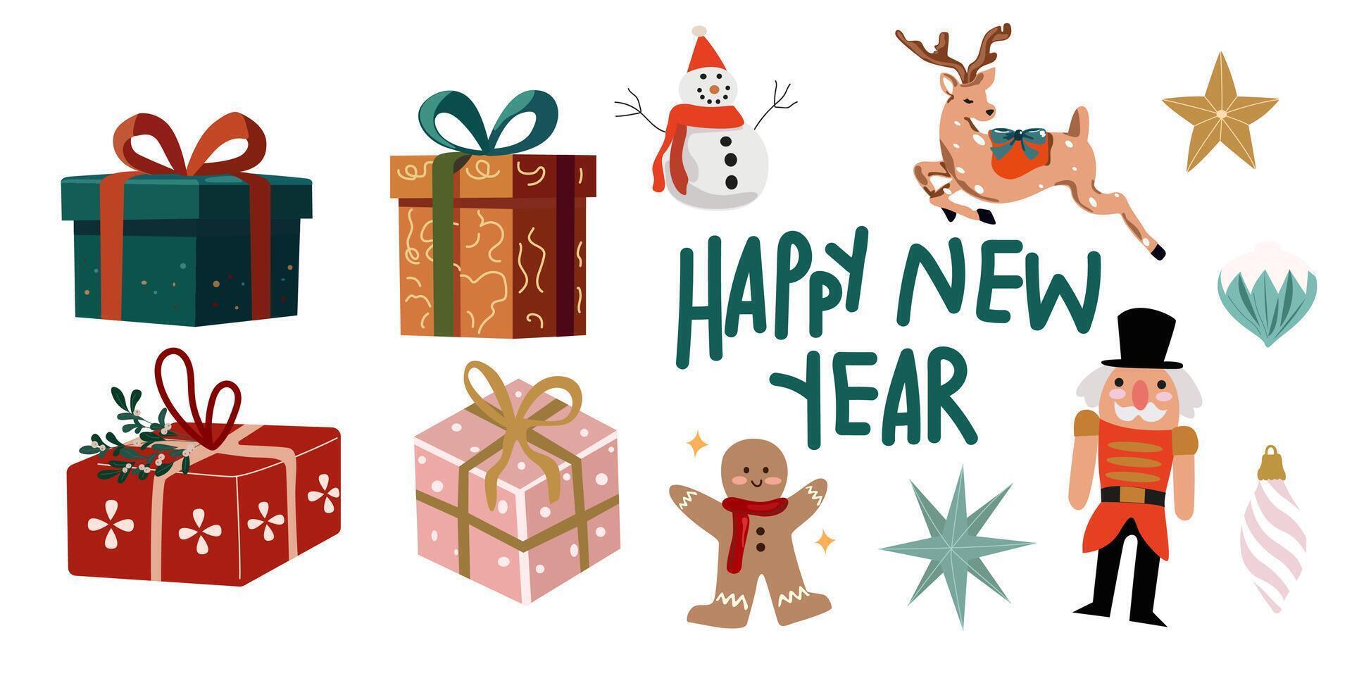 Merry Christmas and Happy New Year flat elements in retro style. Winter holiday. Traditional Christmas tree decorations, gift box and toys. Attributes of the New Year holiday vector