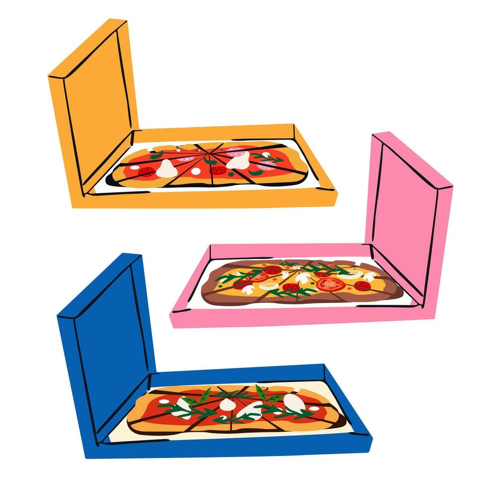 National Pizza Day . Pizza delivery. Colorful pizza box. Italian pizza with basil, arugula, tomatoes, mushrooms, salami and mozzarella. flat illustration for restaurant and pizzeria vector