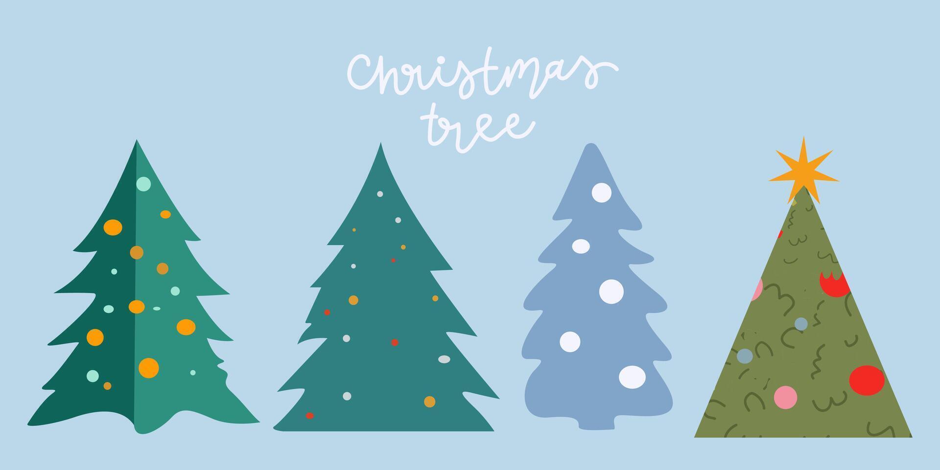 Set of various Christmas trees and toys. Winter holiday. Merry Christmas and Happy New Year elements in retro flat style vector