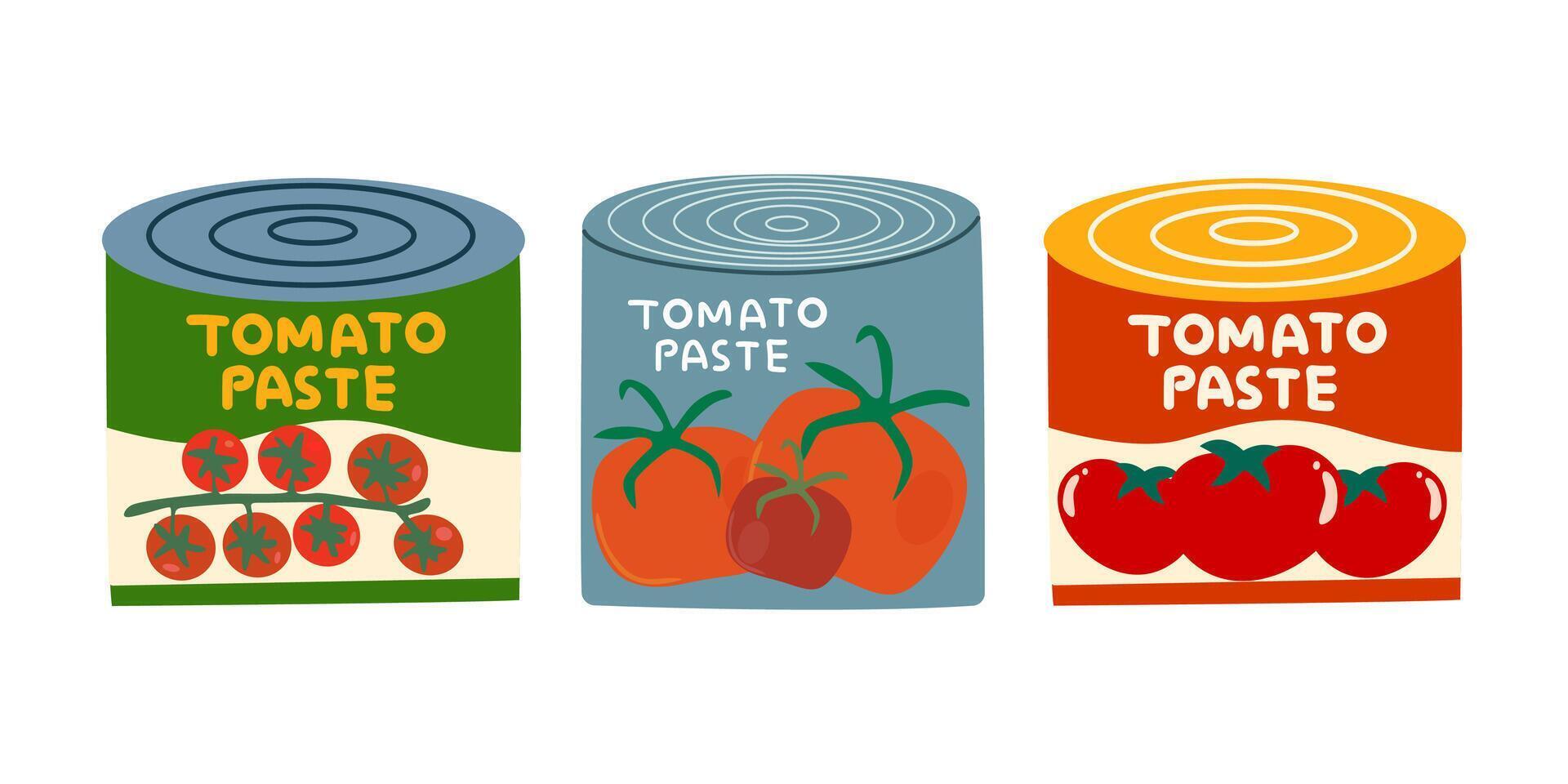 Canned food with tomatoes in different banks. Tomato paste tin can flat icons. Tomato paste for pizza and pasta vector