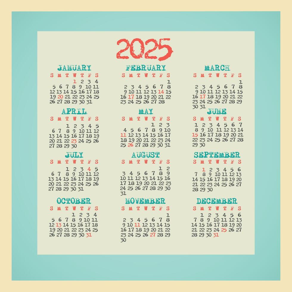 2025 Year Calendar Retro. Week Starts on Sunday. Simple Planner Template with 12 Month. Illustration vector