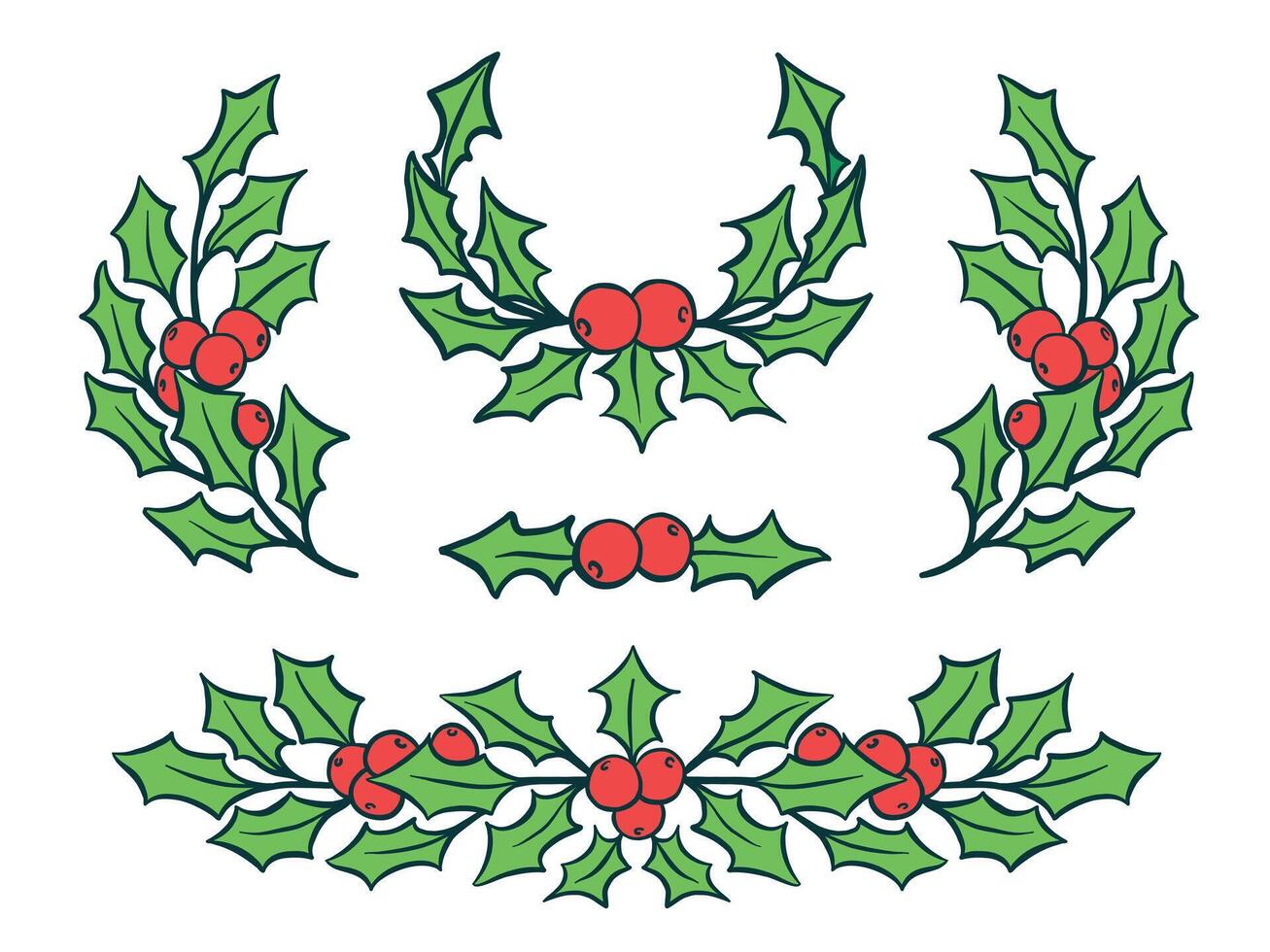 Christmas Holly Leaves and Berries Garland Set for Greeting Card, Invitation, Winter Holiday Designs. Illustration vector