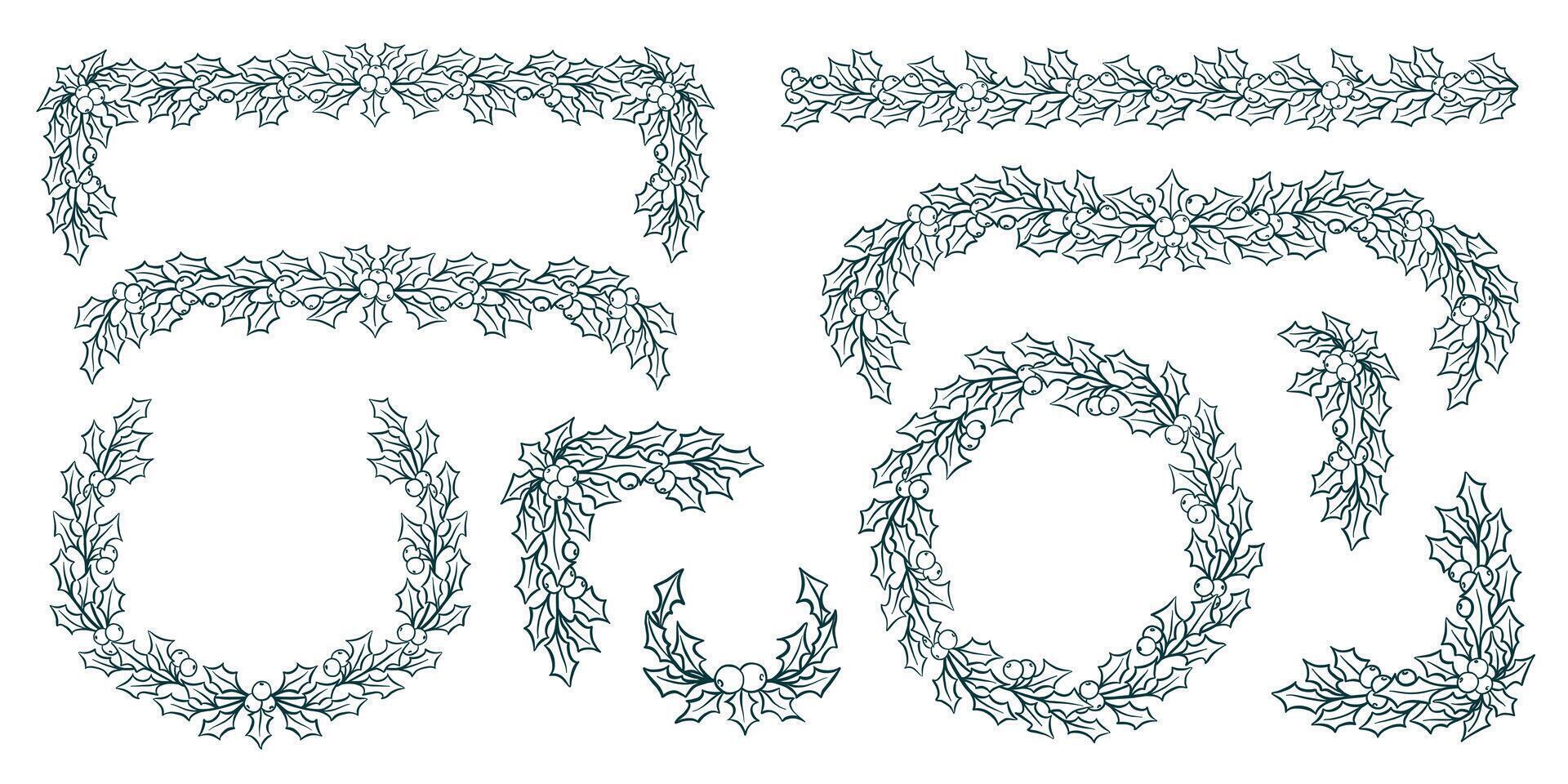 Christmas Holly Garland Set with Leaves and Berries for Greeting Card, Invitation Design. Graphic Design vector