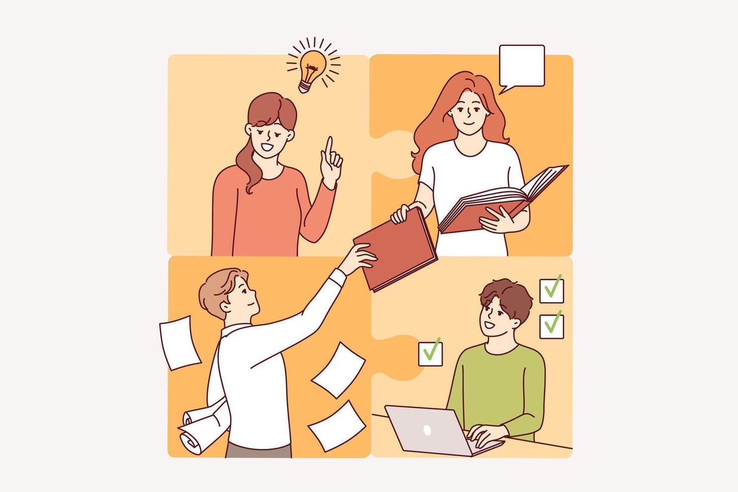 Successful team of friendly people who form single puzzle thanks to synergy and collaboration vector