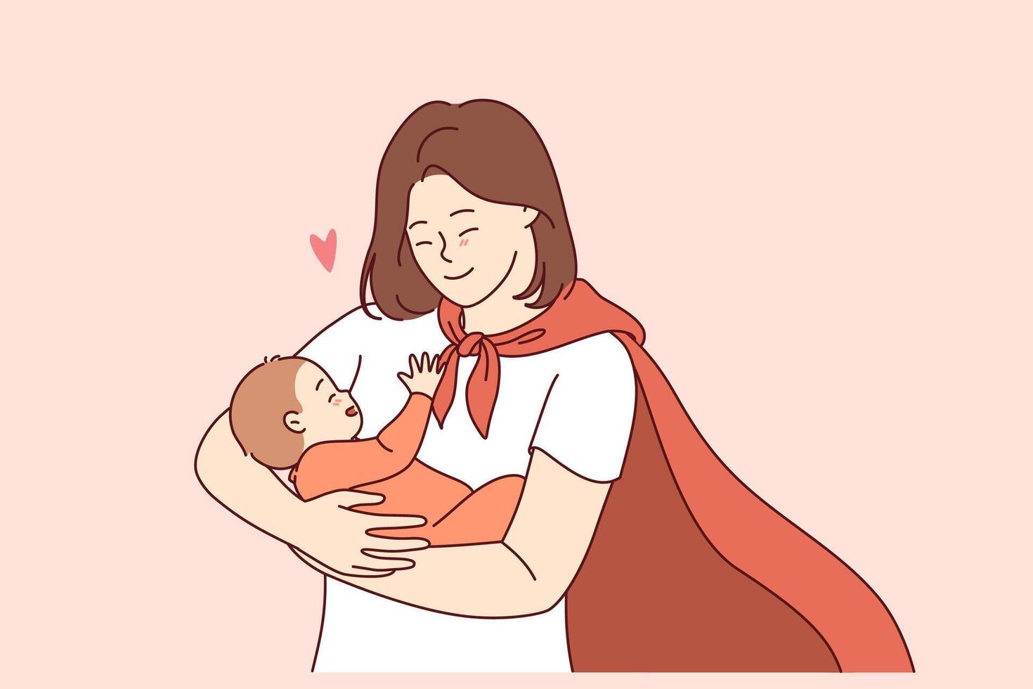 Supermom in red hero cape holds happy baby, smiling and rejoicing at birth of long-awaited son vector