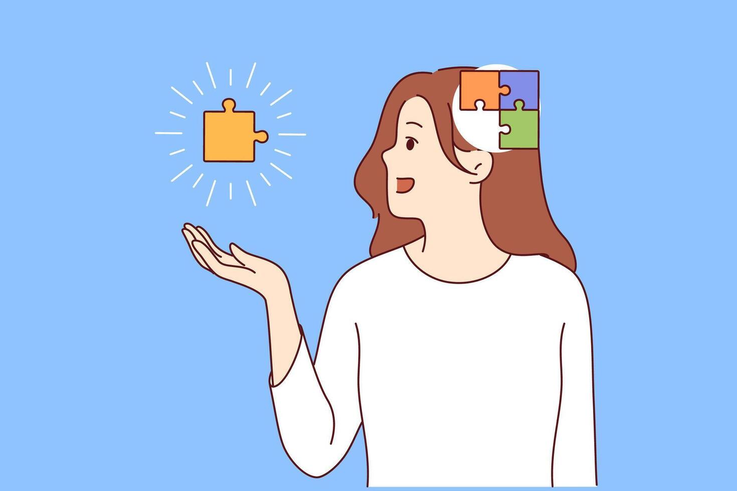 Process of self-discovery in girl with puzzle in head and hands, exploring own thoughts and behavior vector