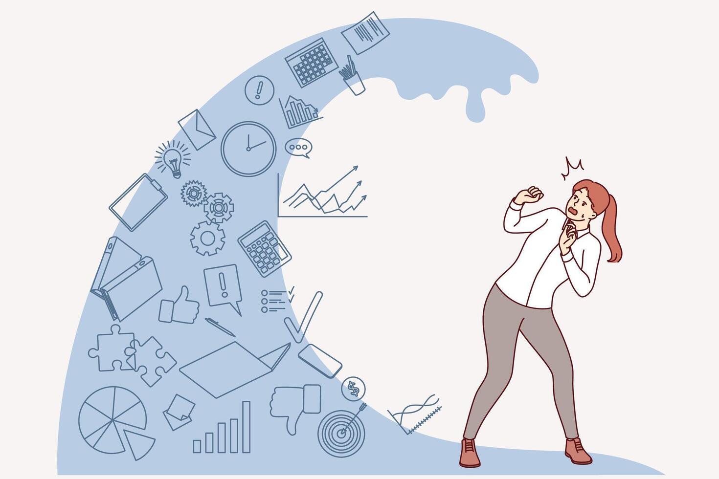 Woman, victim of information overload, stands under wave of news that causes violation attentiveness vector