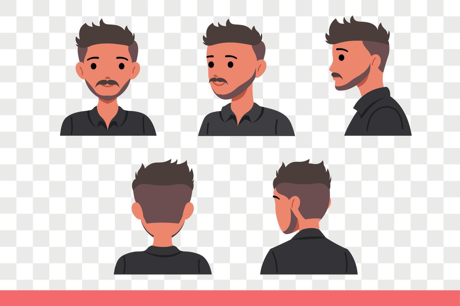 Mustachioed man poses showing different sides of face after visiting barbershop. vector