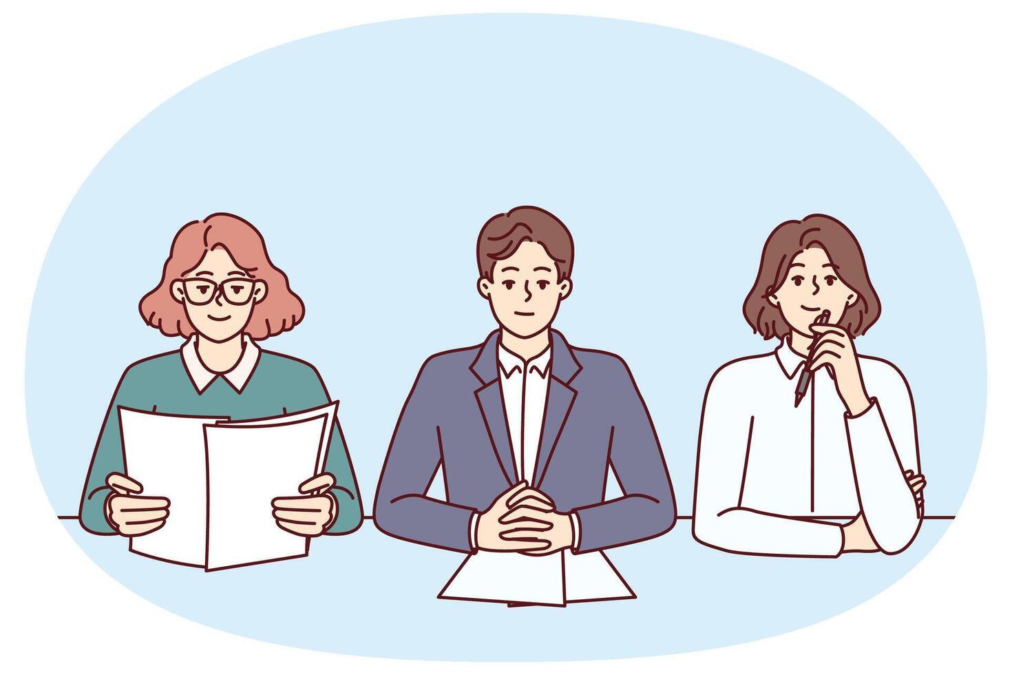 Business people from recruiting company conducting interview sitting at table in office vector