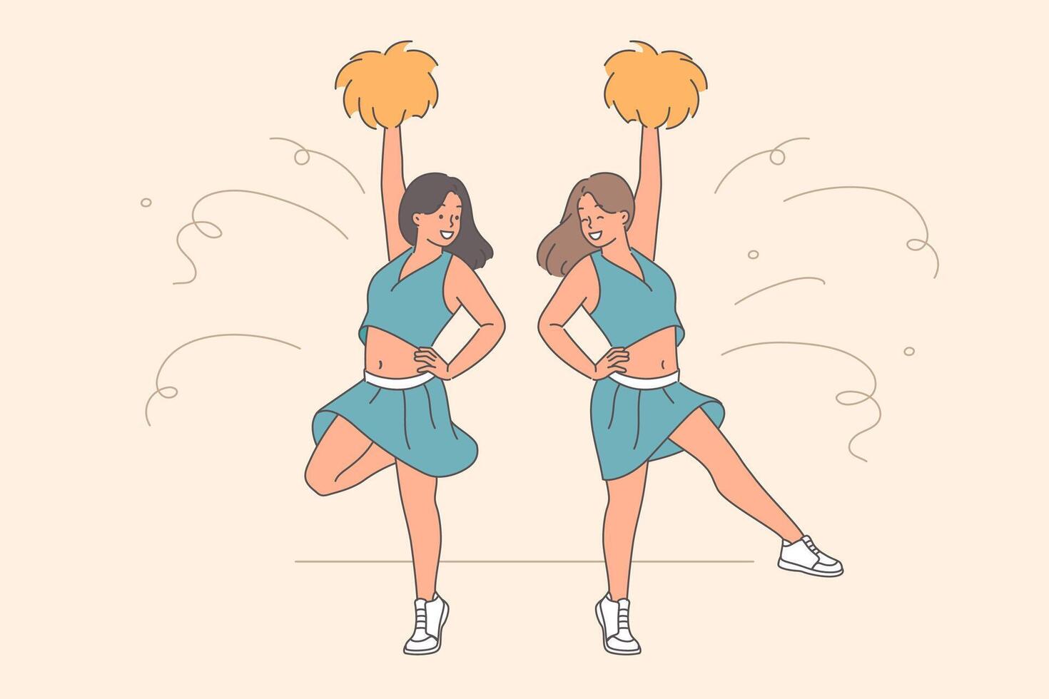 Girls cheerleaders with pumpons on their hands jump to support football team in important match vector