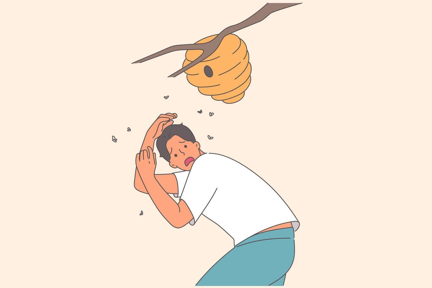 Nest of angry bees above frightened man standing near branch, at risk of anaphylactic shock vector