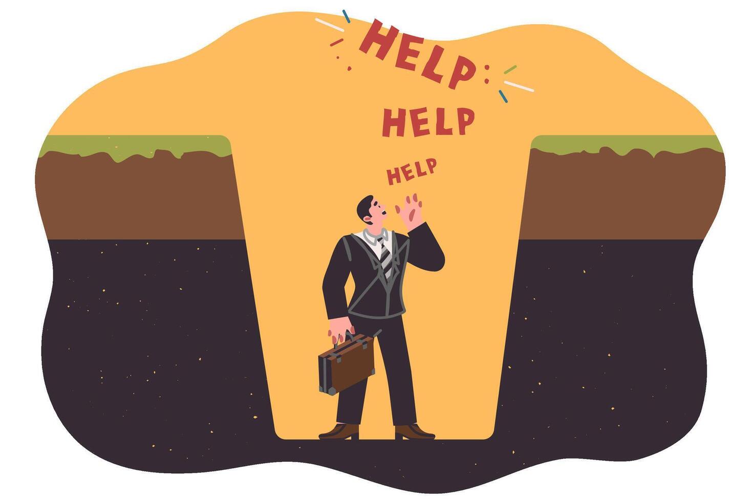 Trap for business man shouting help, standing at bottom of hole, as metaphor for bankruptcy vector