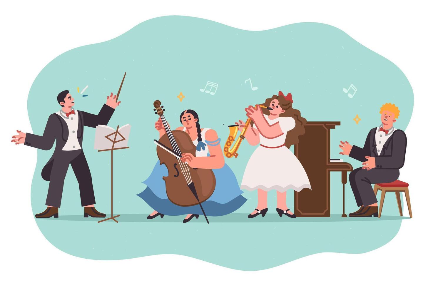 Children orchestra performs classical music with conductor leading musicians with violin or trombone vector