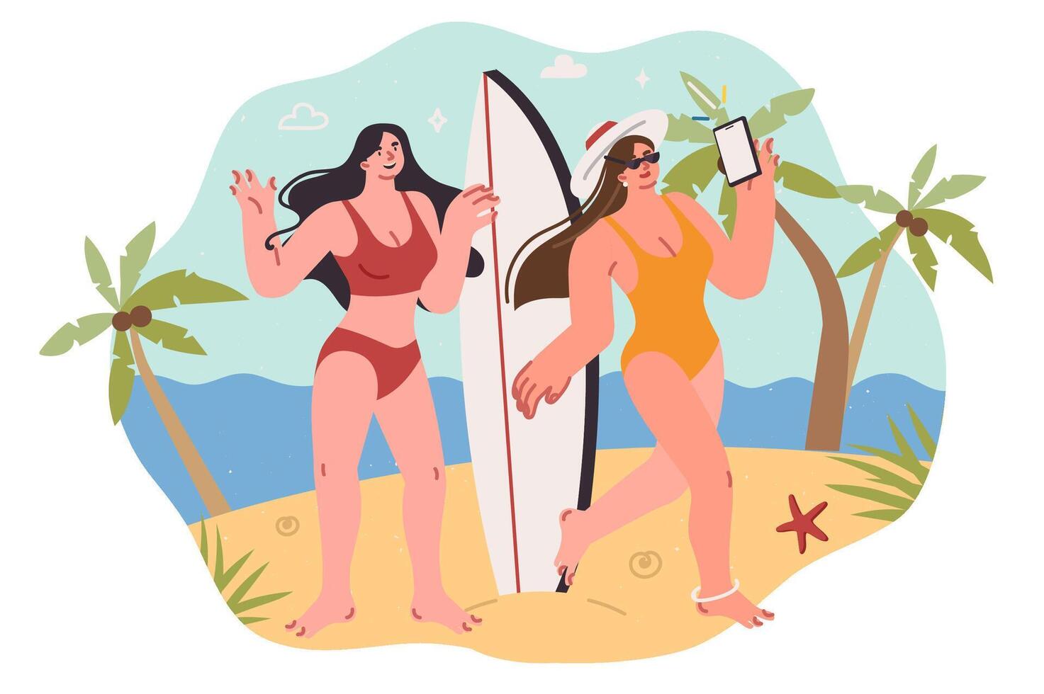 Two woman surfers take selfie on phone, standing on beach and posing with surfboard in hands vector