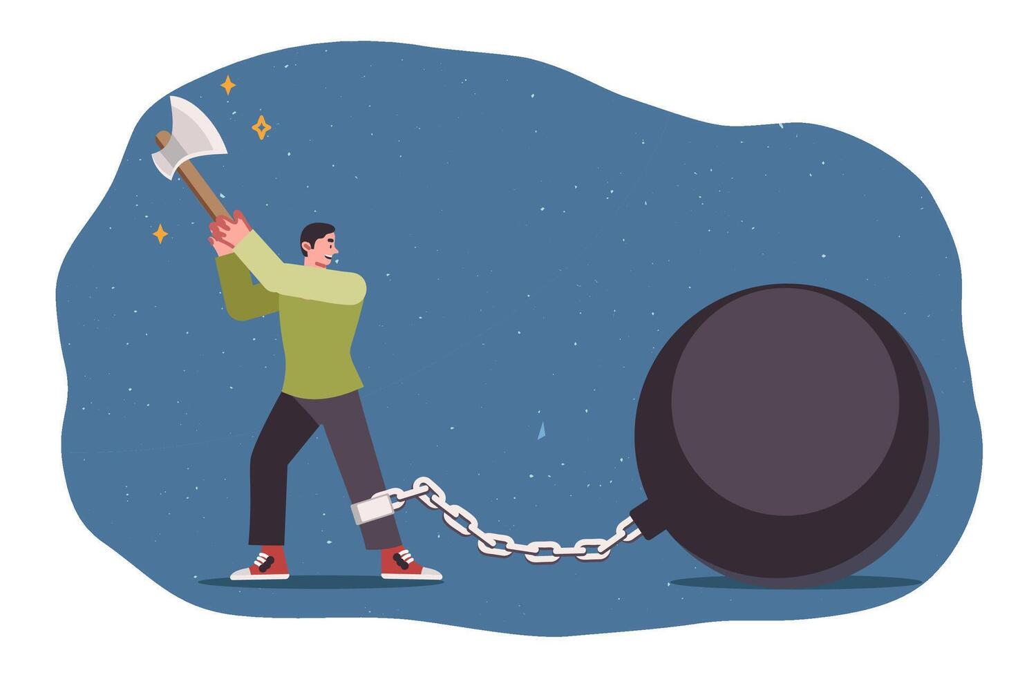 Attempt to get freedom from weight chained to leg, from man using axe, thanks to ambition vector
