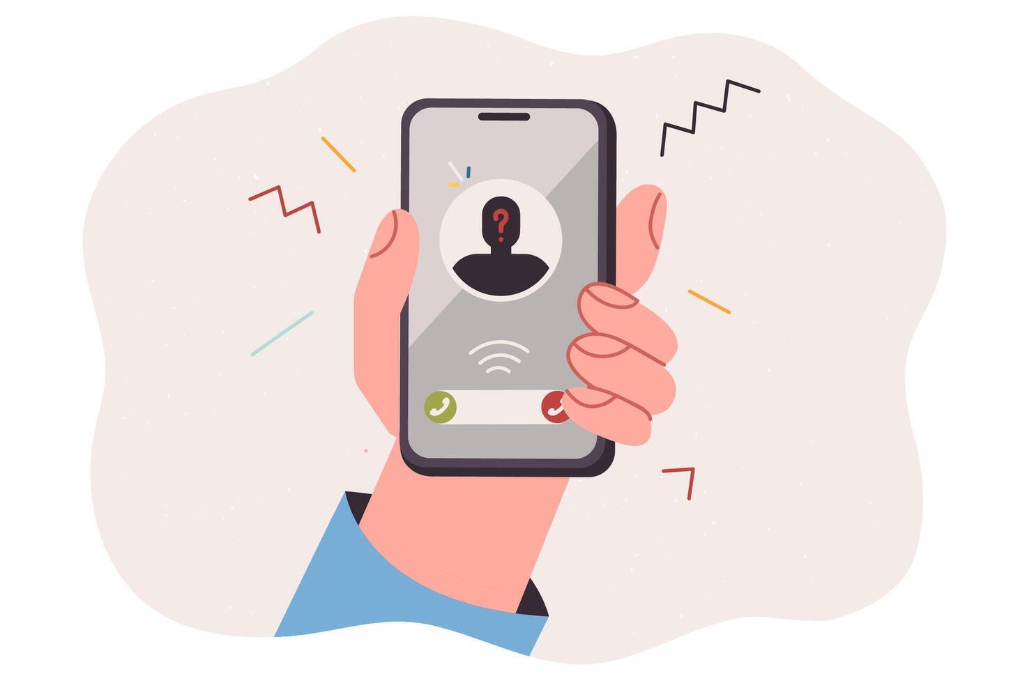 Phone in hand of person receiving anonymous call with unsolicited advertisement or scam offer vector