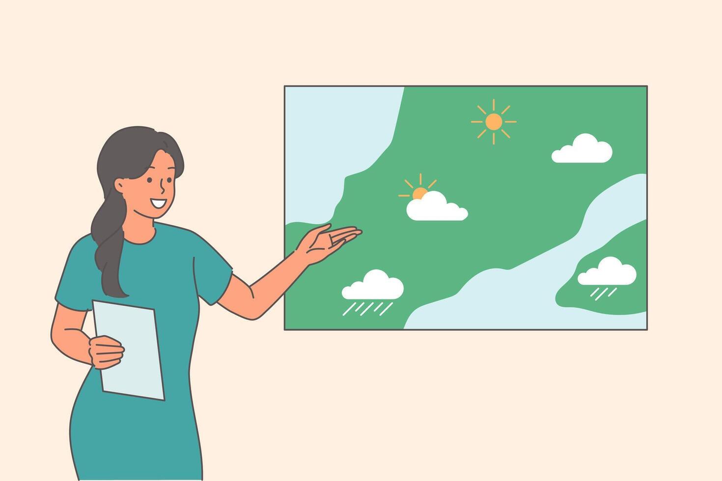 Woman gives weather forecast on TV, standing near map and telling where precipitation will fall vector