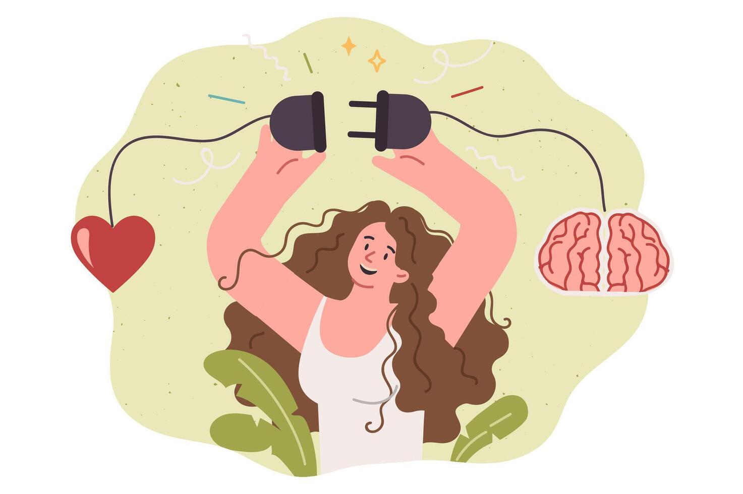 Life balance helps woman connect heart and brain to make decisions, involvement of mind and emotions vector