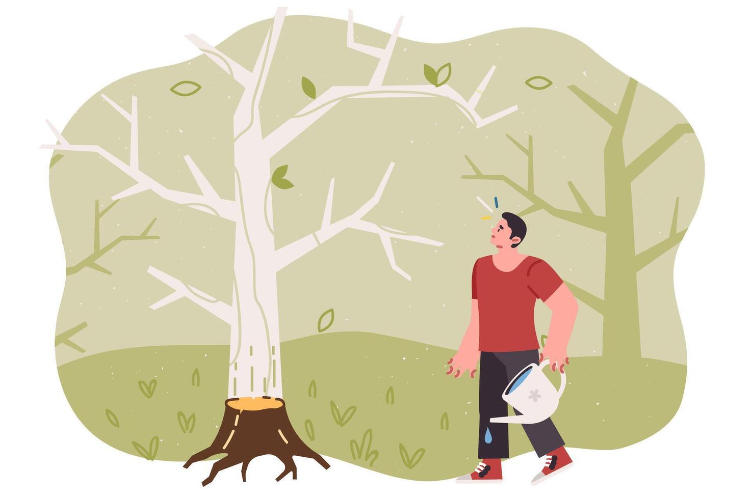 Problem of deforestation worries man, trying to save destroyed tree and prevent eco catastrophe vector