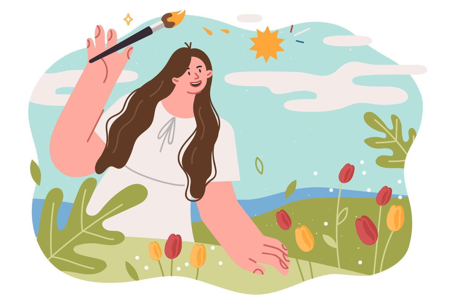 Woman artist paints world around with beautiful nature and summer weather with sun in sky vector