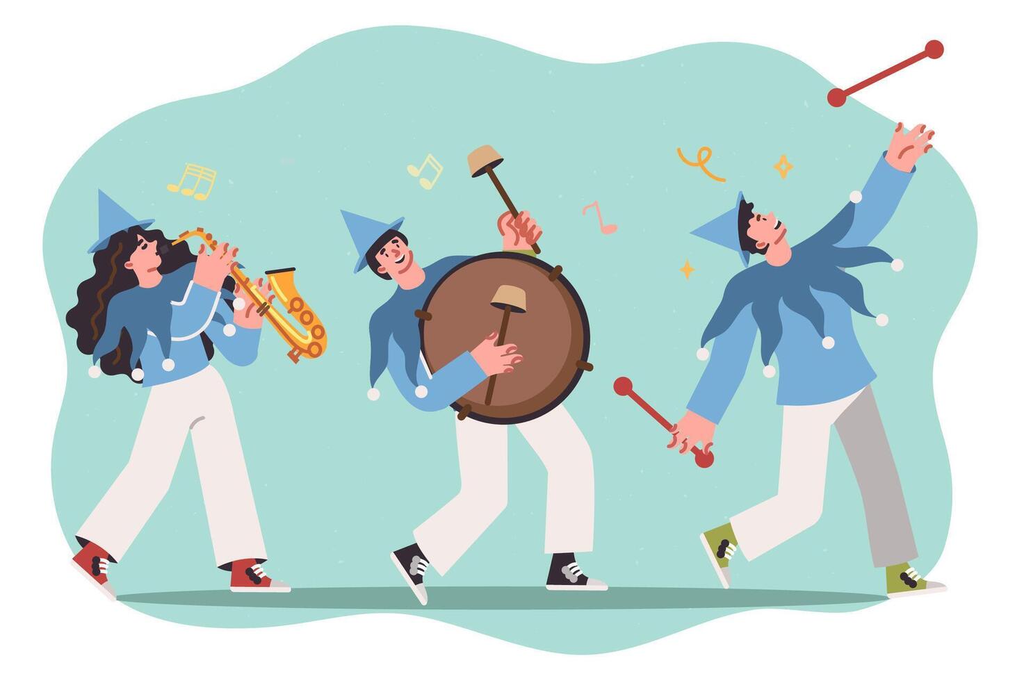 Marching band with musical instruments in hands of people performing for spectators holiday parade vector