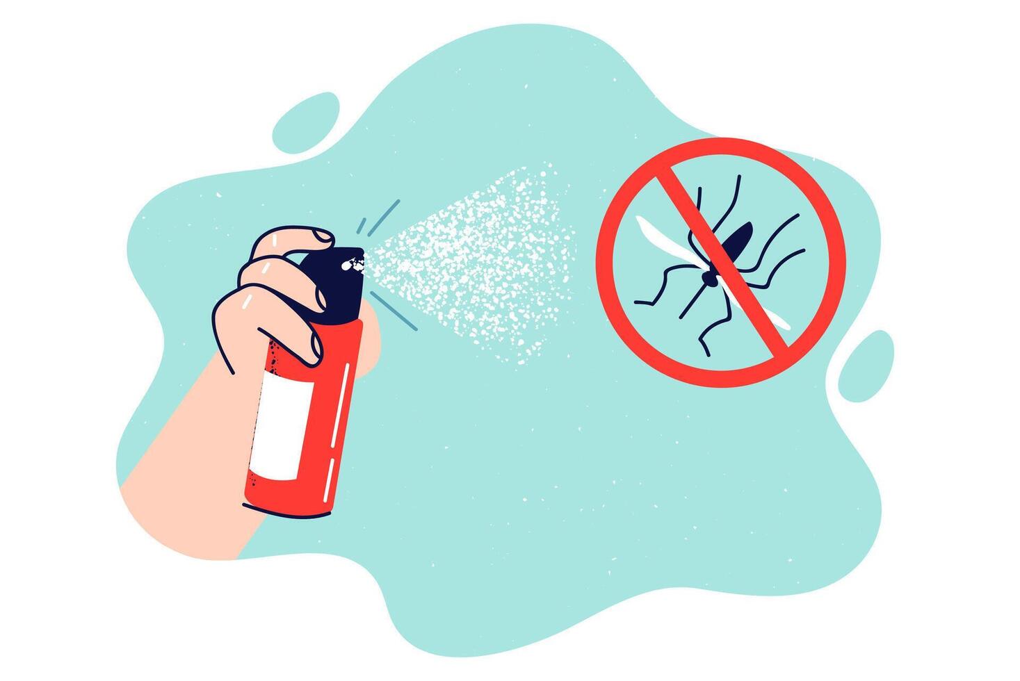 Spray for protection against mosquitoes in hand, near crossed out insect dying from insecticide vector