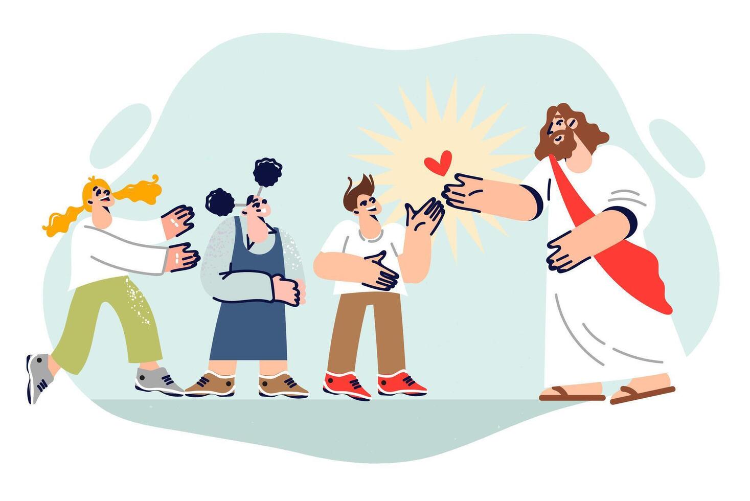 Jesus christ from christian religion stands near children joyfully communicating with god or prophet vector