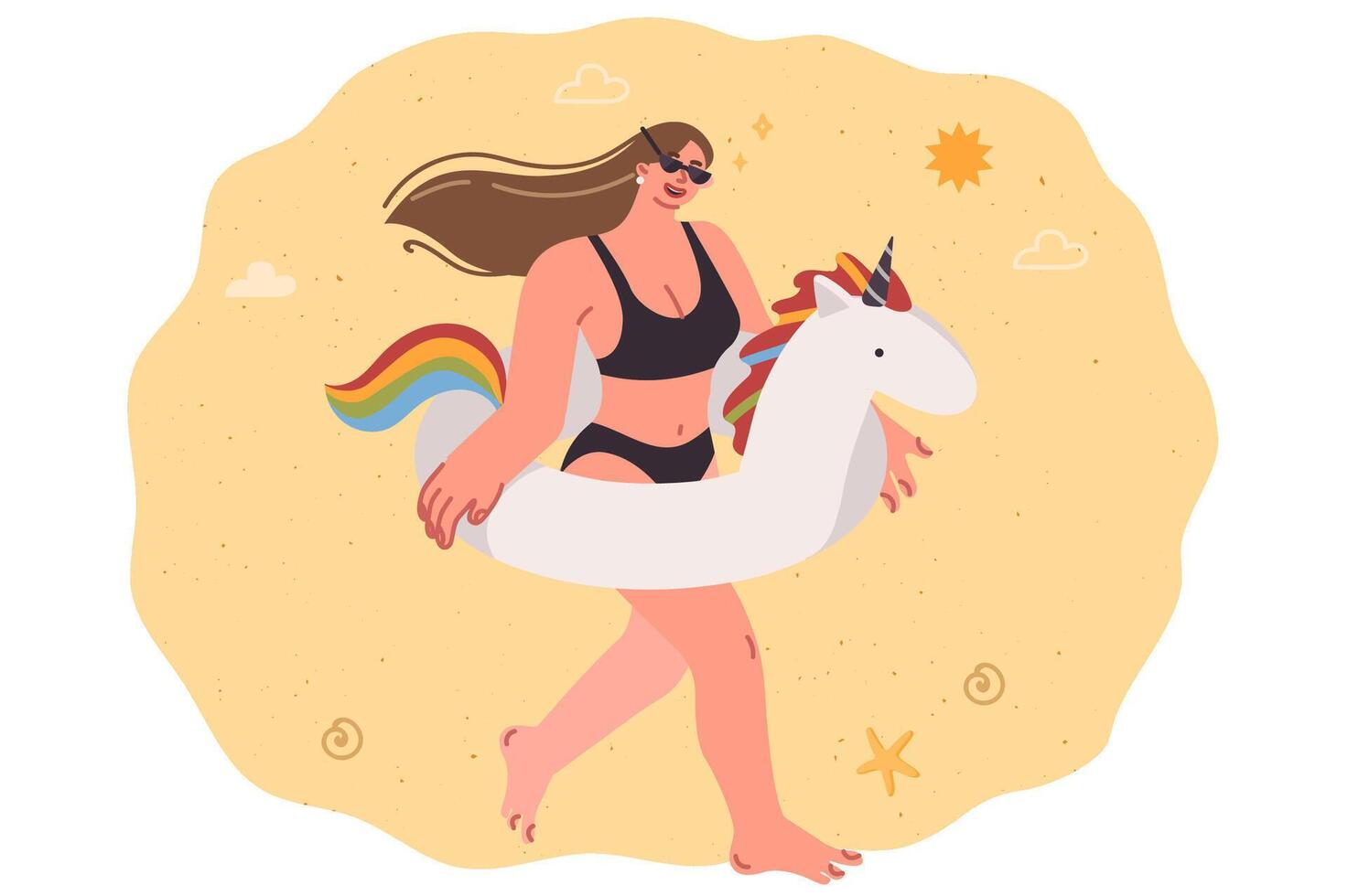 Woman with inflatable unicorn ring walks along beach, enjoying vacation on tropical island vector