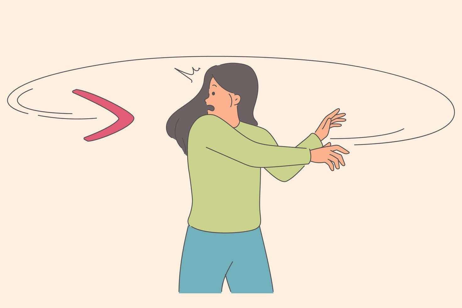 Boomerang overtakes woman, symbolizing karma that haunts people who have committed evil action vector