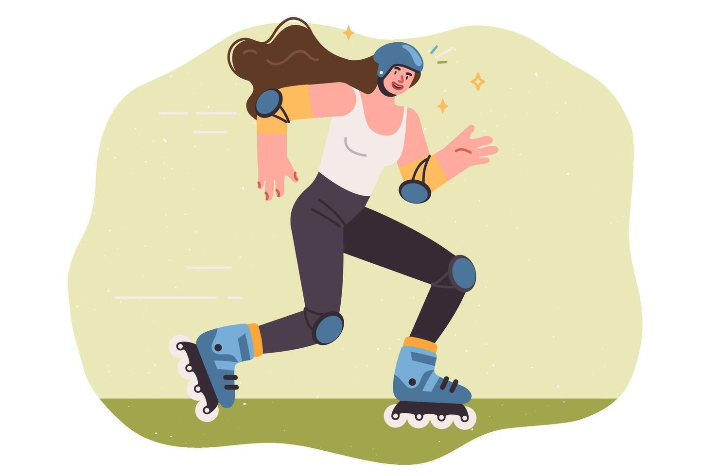 Woman roller skates, enjoying speed, dressed in protective helmet and pads for knees and elbows vector
