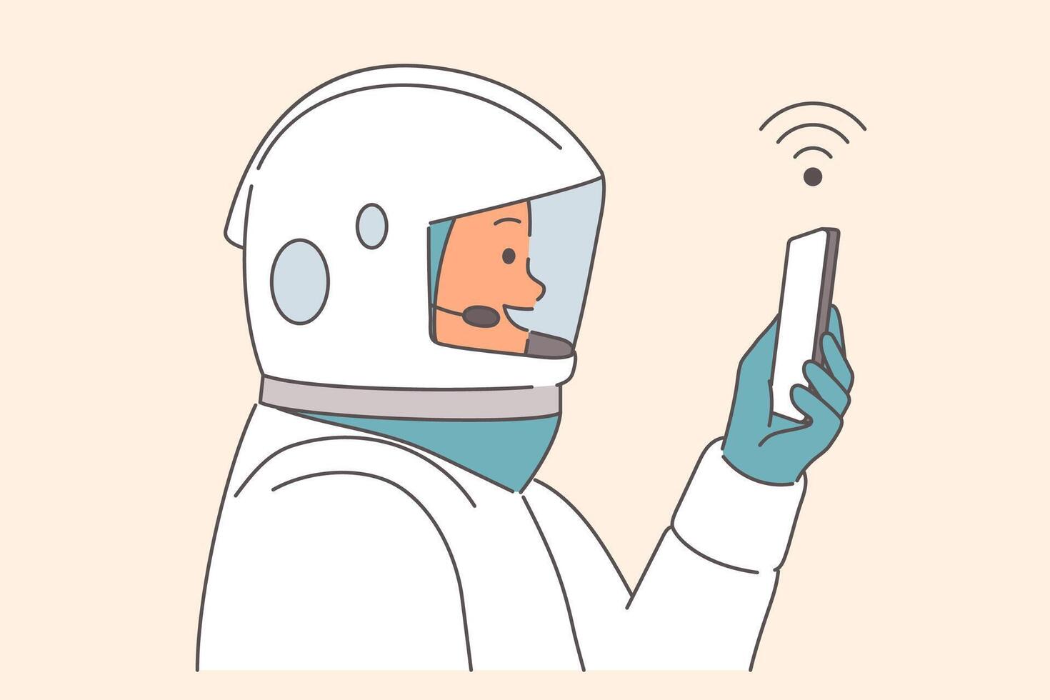 Man astronaut with smartphone explores outer space and takes selfies while traveling into orbit vector