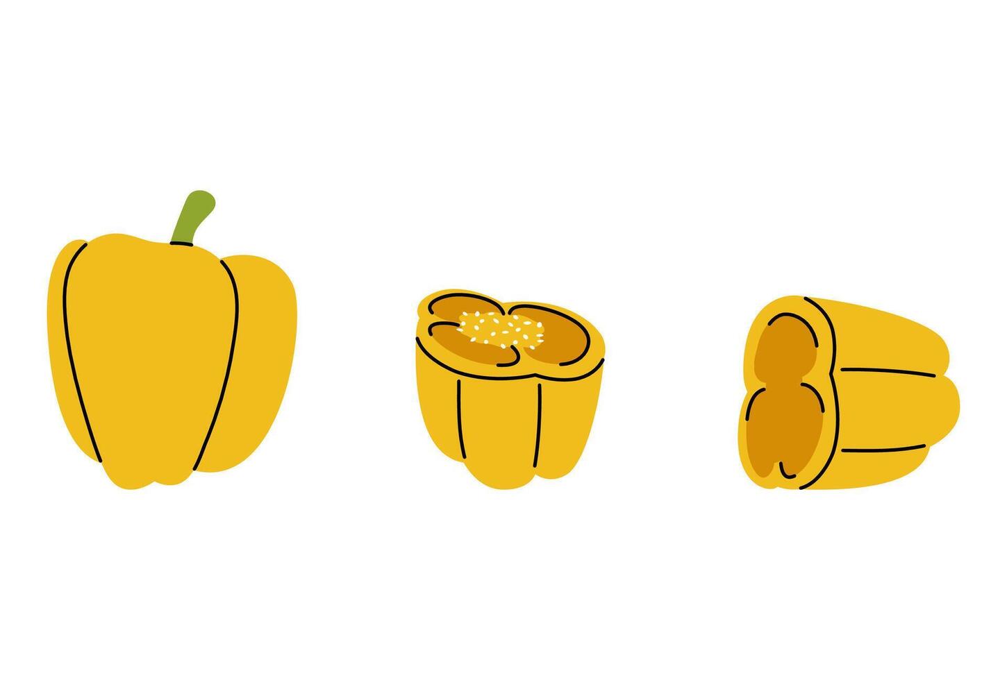 graphic of yellow bell pepper with full, cut, and halved designs vector