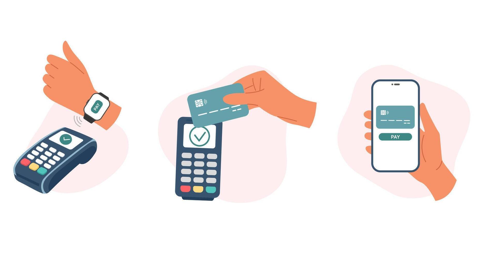 Set of hands use credit card, smartwatch to make contactless payment with POS terminal using NFC technology vector