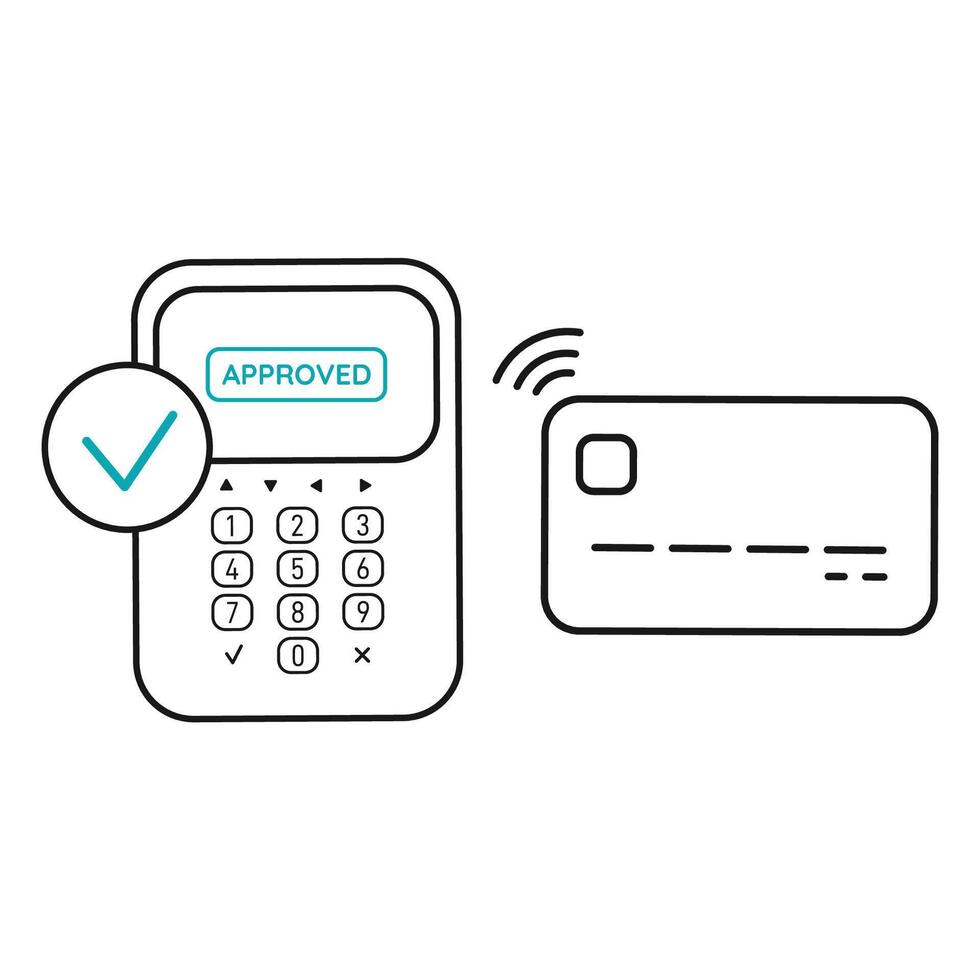 POS terminal with green checkmark with approved payment by credit or debit card icon. Editable vector