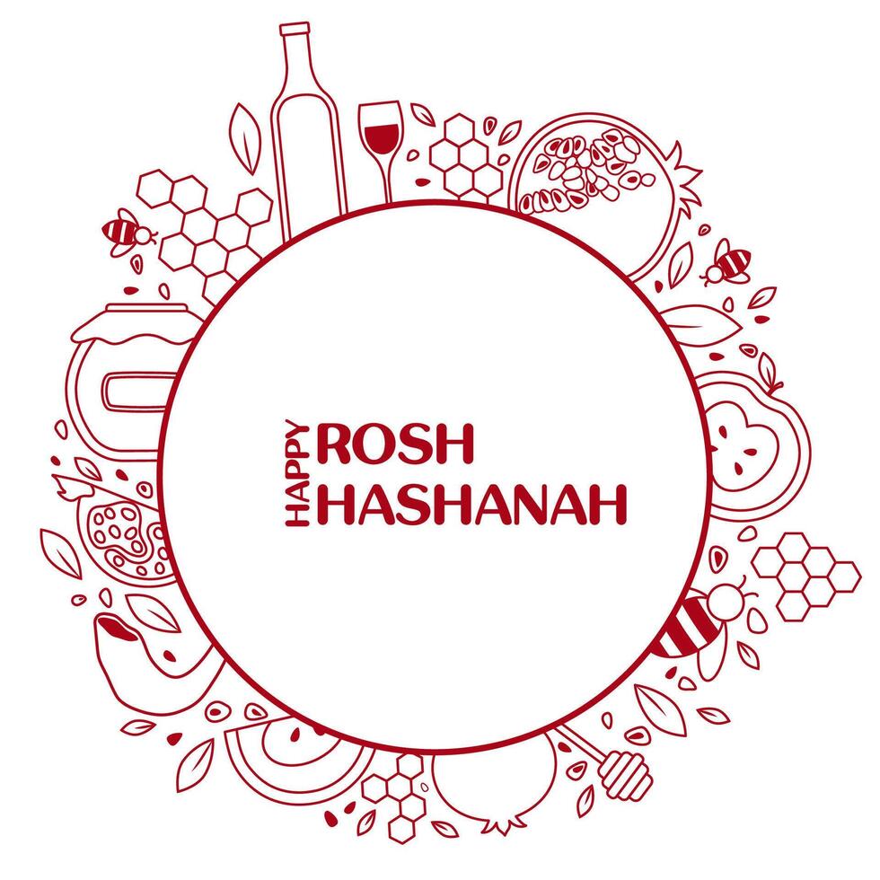 Festive Rosh Hashanah banner with traditional symbols shofar, honey, apple and pomegranate for joy vector