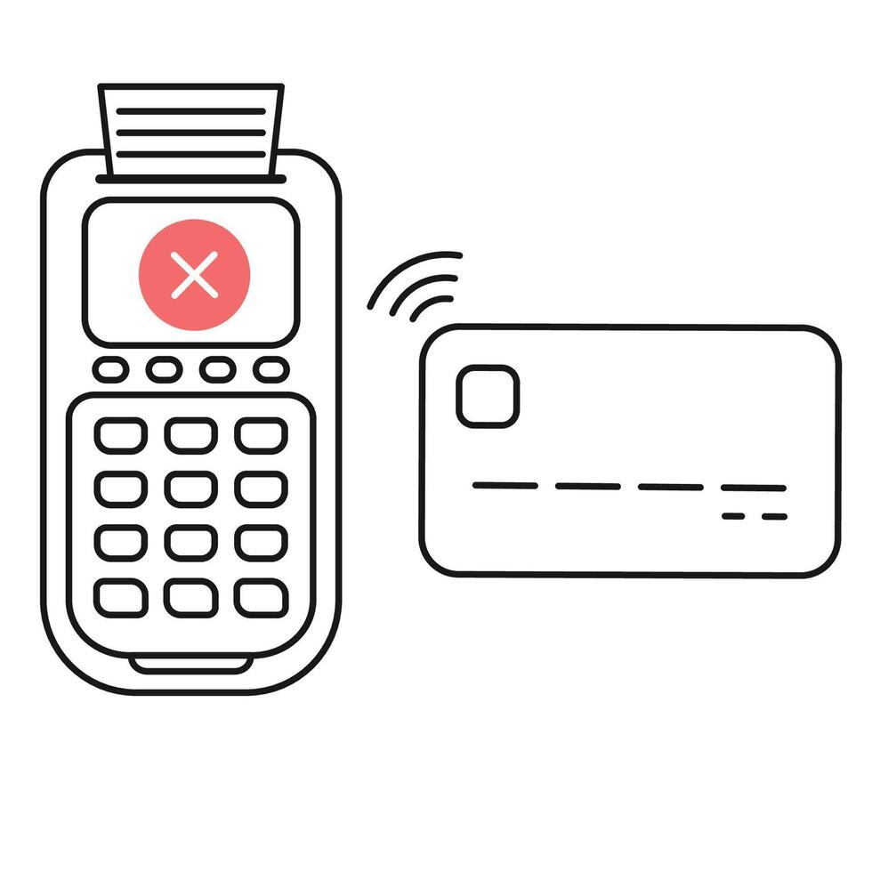 POS terminal payment. Rejected payment with credit or debit card. Printed receipt of unsuccessful transaction or operation vector