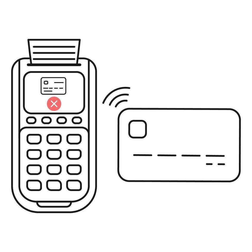 Pos terminal with credit card and cross mark on screen. Rejected payment with printed receipt of canceled operation vector