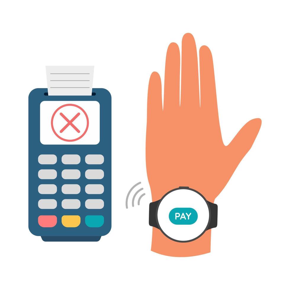 Pos terminal with red cross sign and hand with smart watch. Rejected contactless payment vector
