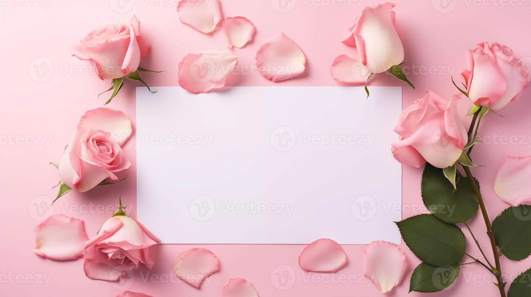 Pink roses petals with blank card mockup on soft pink background. Romantic elegant setting. Paper template advertising image. Valentines Day event mock up product photorealistic photo