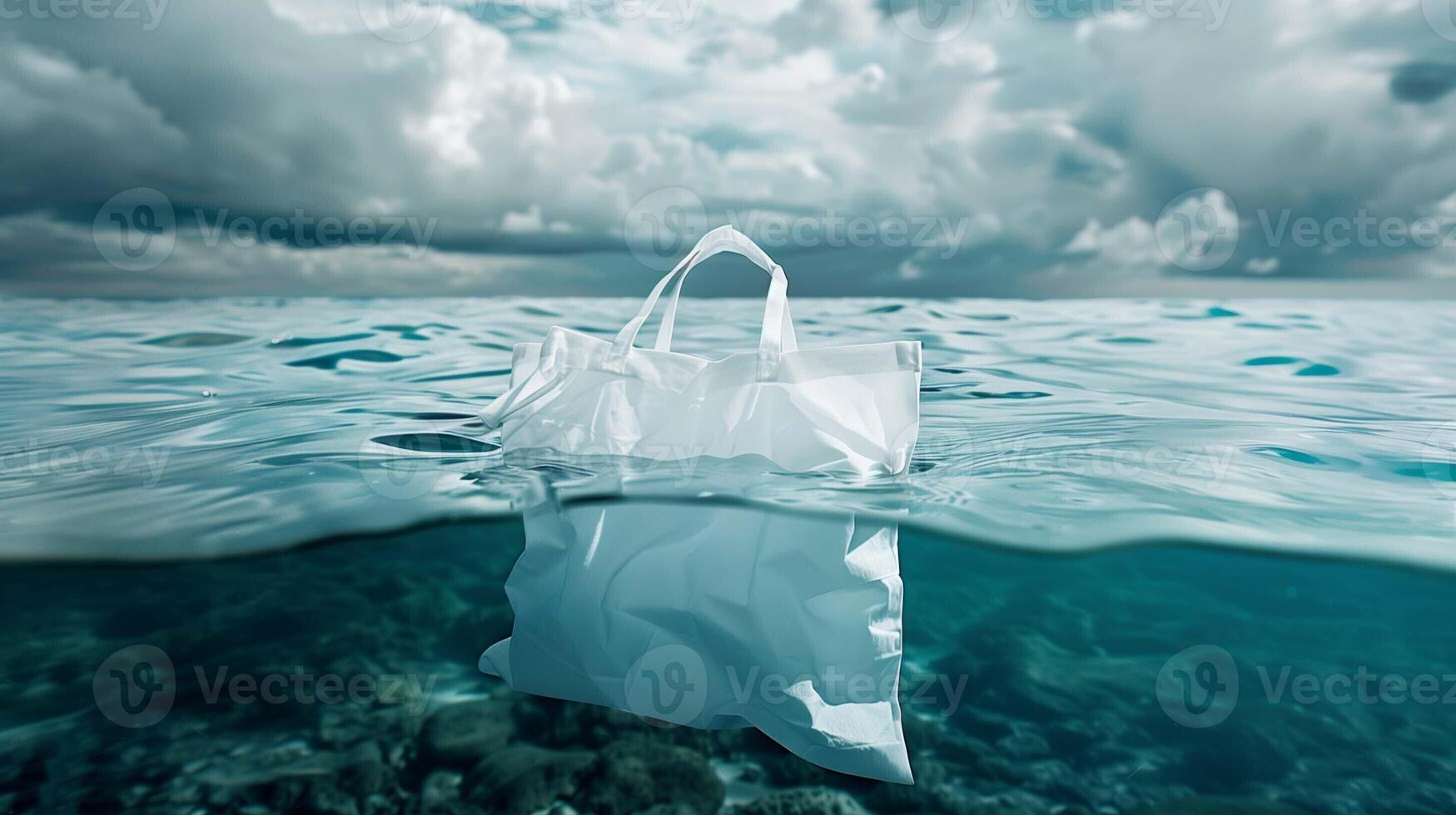 White tote bag mockup floating on ocean surface under dramatic clouds. Reusable totebag template advertising image. Calm water, cloudscape. Eco friendly zero waste material mock up photo