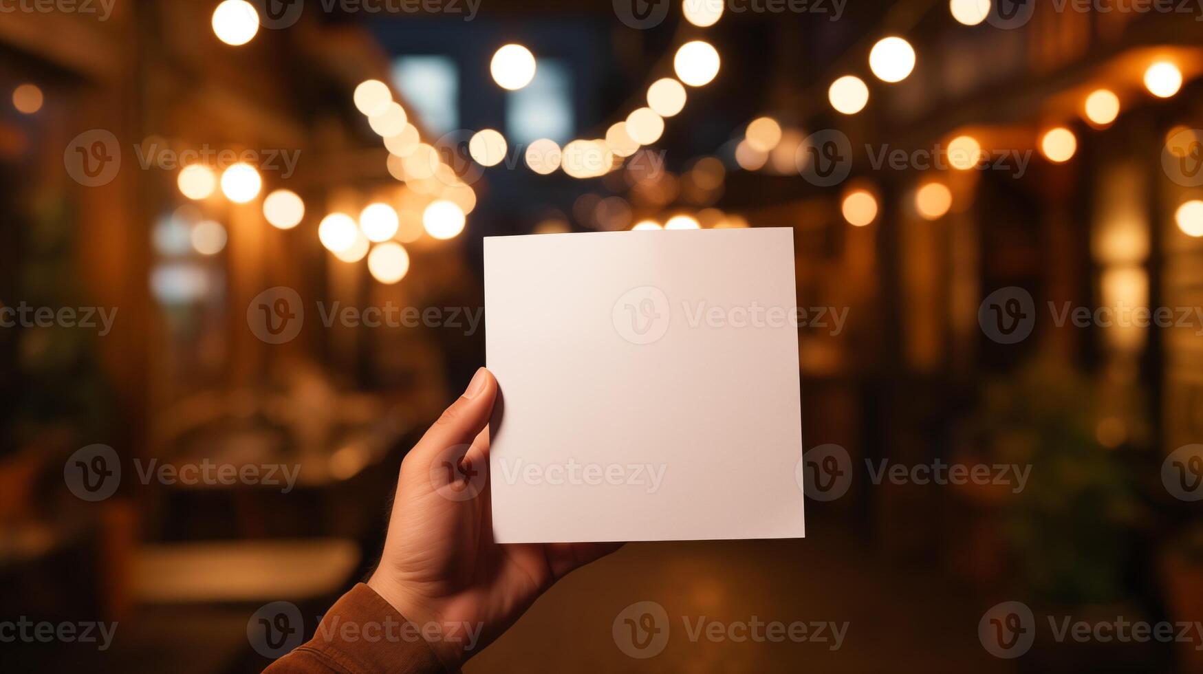 Square blank card mockup held in hand against night cafe with hanging lights. Cozy coffeeshop. Promotional design template advertising image. Branding mock up product photorealistic photo
