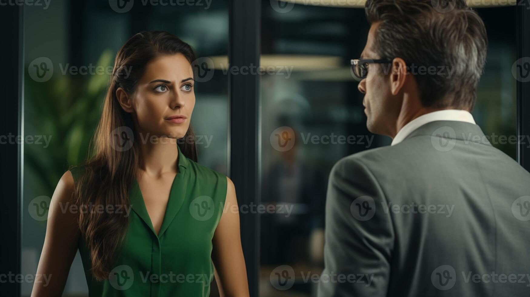 Intense business discussion in modern office image. Corporate dialogue between woman in green blouse and man in suit photography scene. Workplace interaction concept photorealistic photo