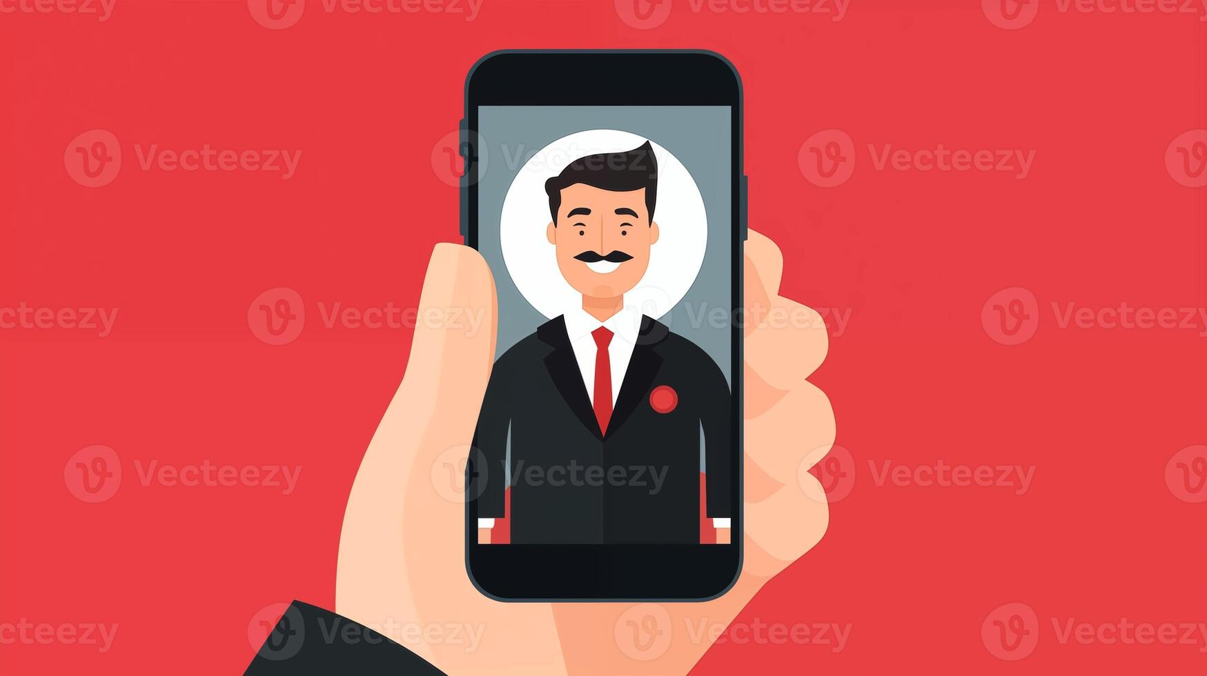 Hand holding smartphone displaying man in suit and tie 2D illustration. Businessman mobile against bold red background flat cartoon image. Male character corporate wallpaper art photo