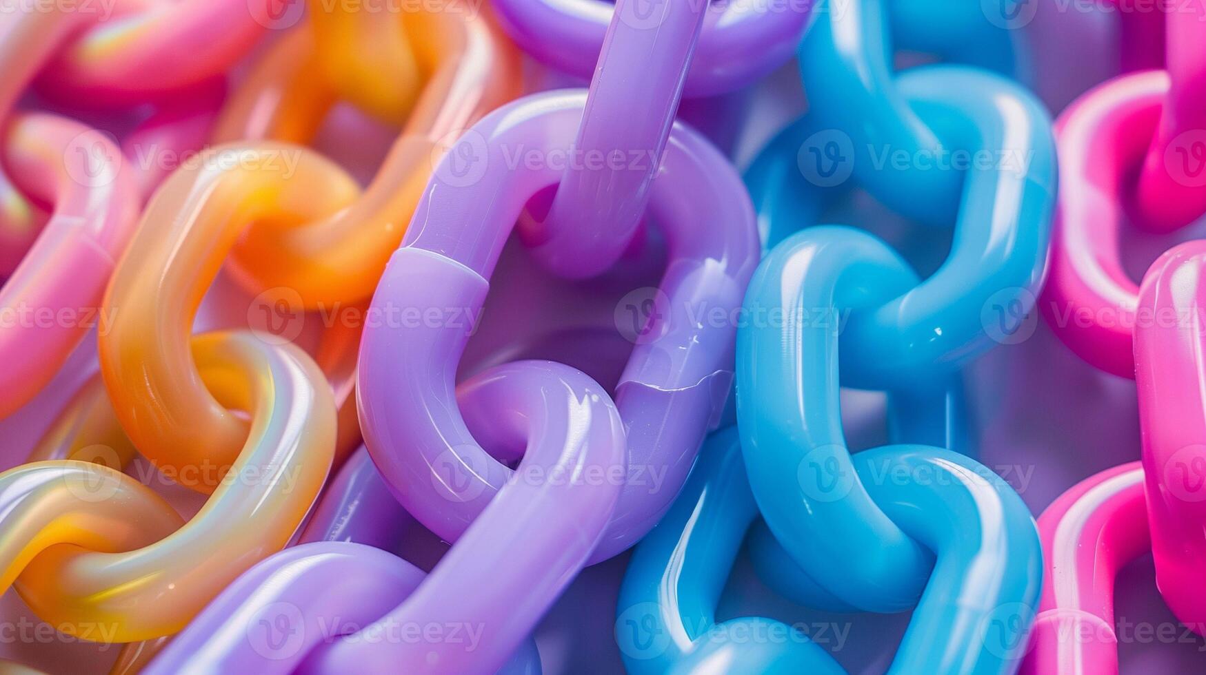 Bijouterie made of multicolor plastic chains closeup image. Children toy connected rings details close up photography. Vibrant supplies for handicraft concept photo realistic