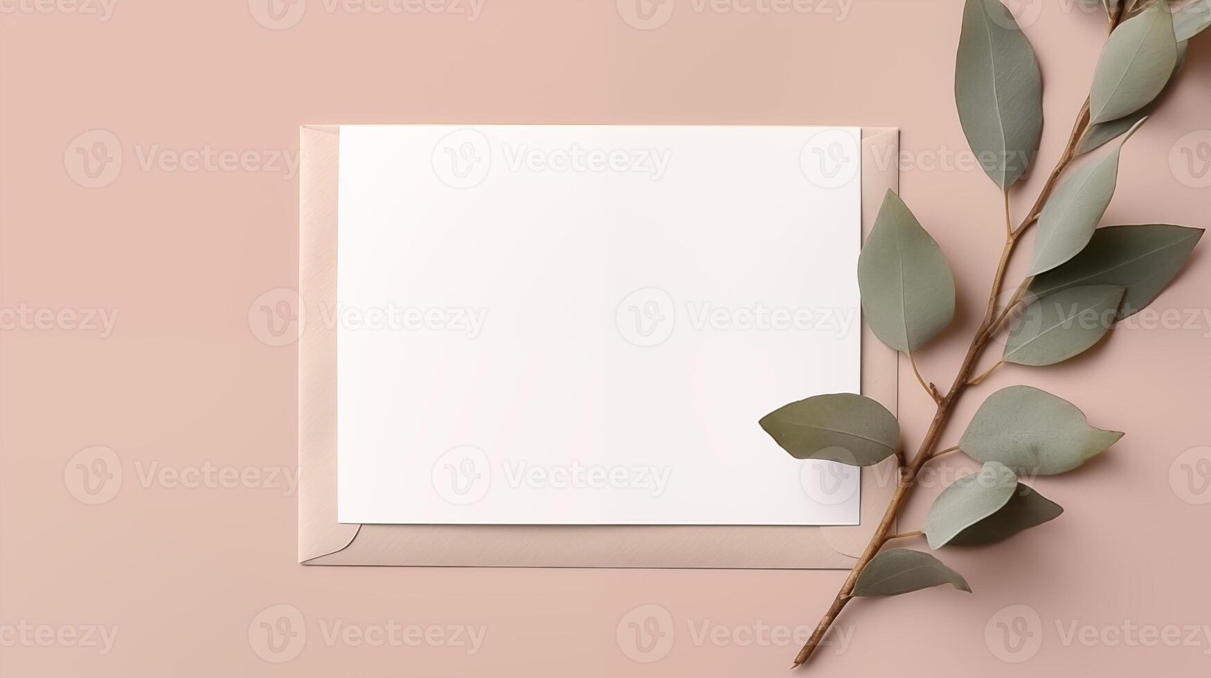 Blank white card mockup atop beige envelope with eucalyptus branch. Marriage invitation template advertising image. Eco-friendly stationery. Feminine design mock up photorealistic photo