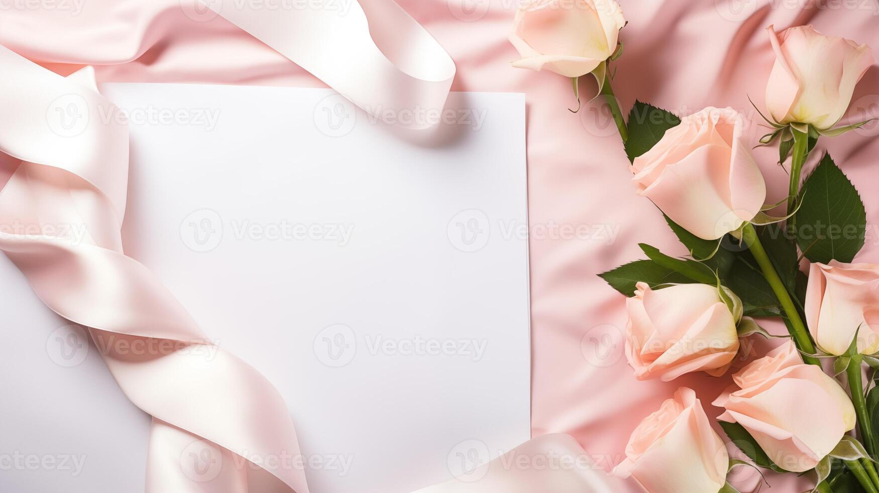 Soft pink roses and satin ribbon with blank card mockup. Luxurious and romantic invitation template advertising image. Special message. Wedding stationery mock up product photorealistic photo
