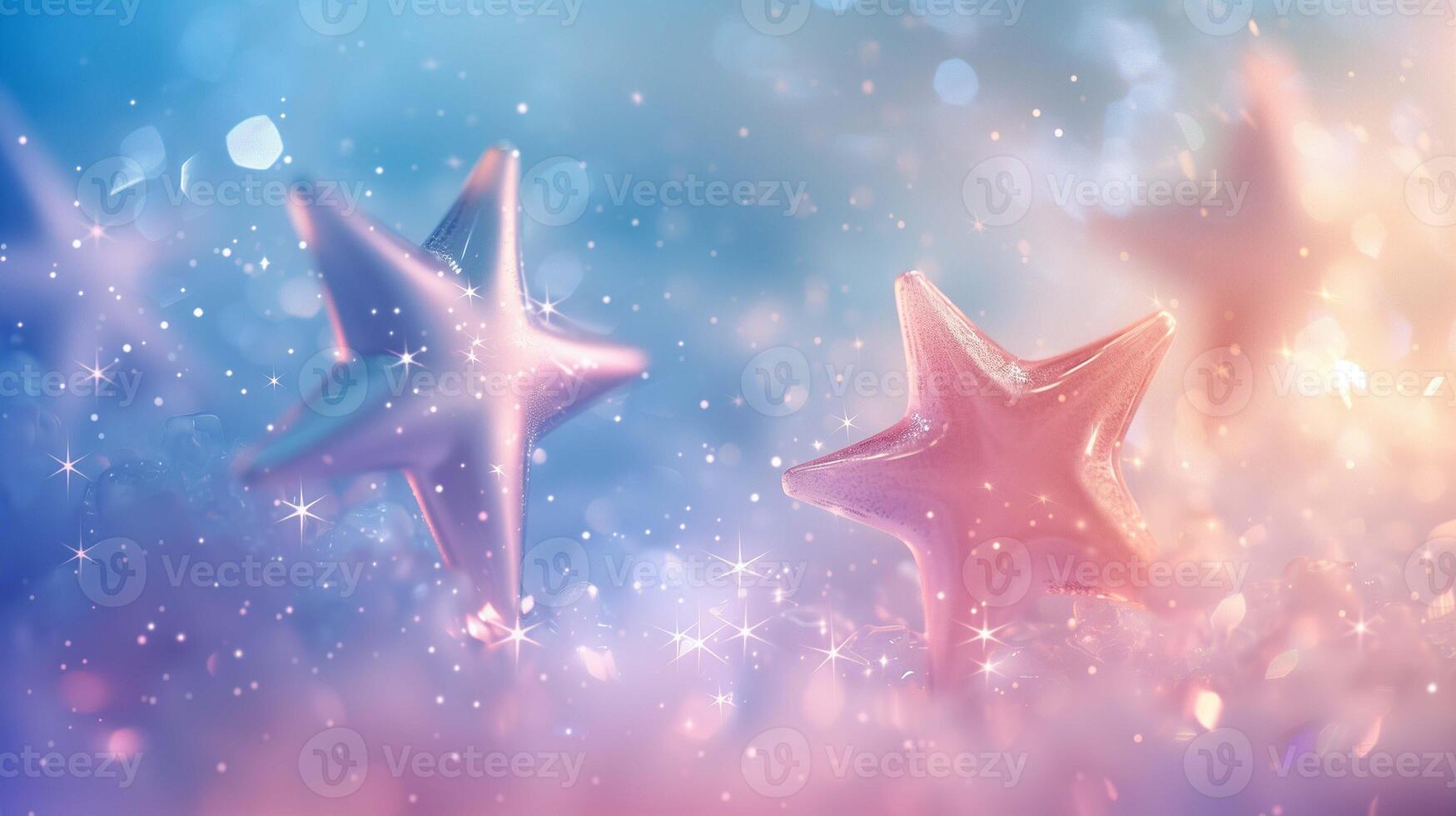 Glowing glass stars flying in sky 3d rendering image. Magical crystal items floating with fairy dust background wallpaper colorful realistic. Dreamlike composition concept idea photo